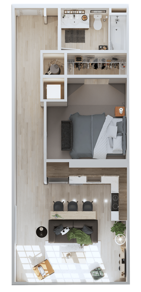 Floor plan for 1 bed, 1 bath, 617 sqft